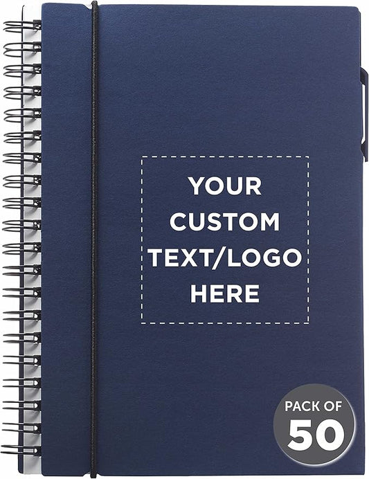 DISCOUNT PROMOS Custom Spiral Notebooks with Elastic Closure Set of 50, Personalized Bulk Pack - Perfect for School, Office, Business and More - Navy Blue