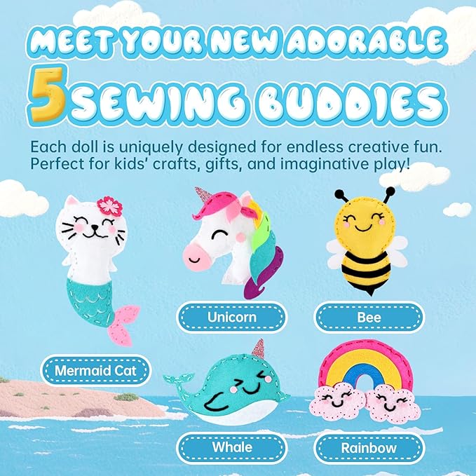 Cymbana Kids Sewing Kit Make Your Own Creative Felt Plush Animals Toy Craft Art Set for Beginners, Girls Gifts for Children 6+