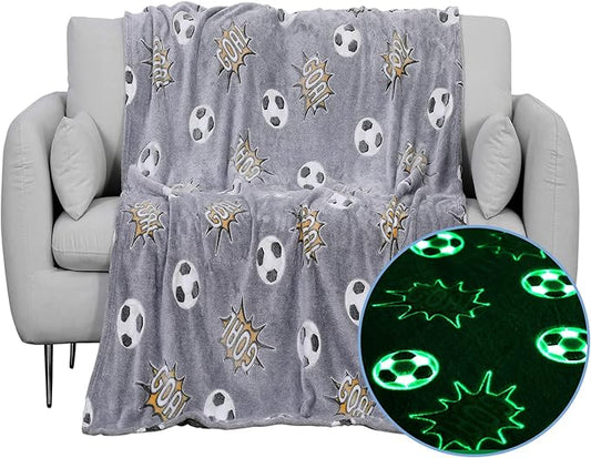 Glow in The Dark Blanket Soccer for Kids Boys Girls Fun Soft Plush Flannel Furry Fluffy Nap Sleep Blanket, Christmas Thanksgiving Birthday Magical Decor Luminous Throw 50"x60"