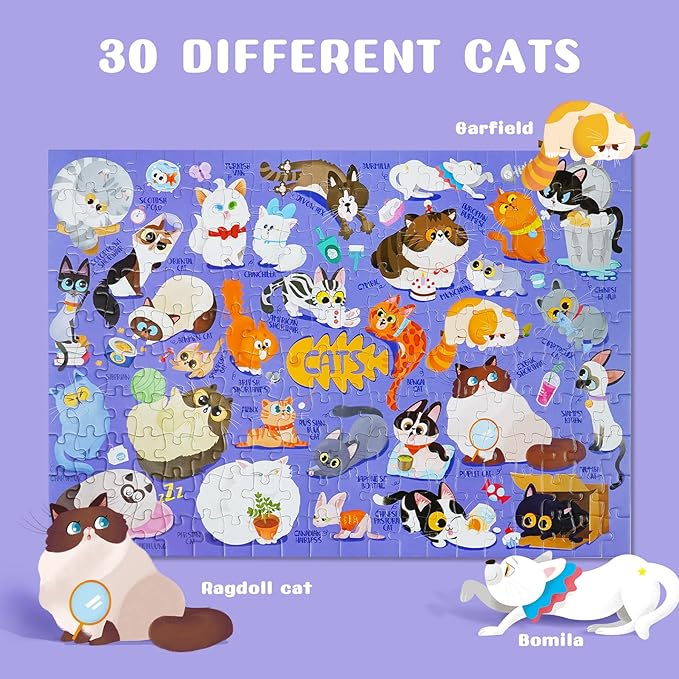 TOI Cats Puzzle for Kids Ages 3-5, 200 Pieces Jigsaw Puzzles for Toddlers with Cat-Shaped Portable Box, Preschool Learning Cat Game for Boys & Girls Gift