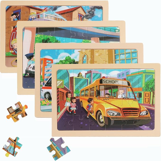 Puzzles for Kids Ages 4-6, 4 Packs 24 Piece Wooden Jigsaw Puzzle for Toddlers 5-8, Preschool Educational Puzzle Boards Toys Gifts for 4 5 6 7 8 Girls Boys