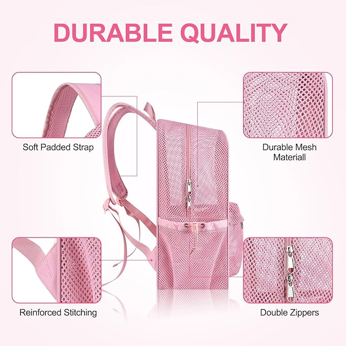 Mesh Backpack Heavy Duty for School, 24L Large Mesh Bookbag for Adults, Black School Bag with Comfort Padded Straps for Work Swimming Beach Fitness Sport(Pink)