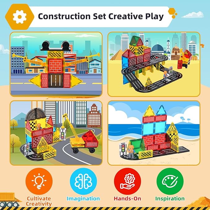 Magnetic Tiles Road Set - City Construction Building Toys, Magnetic Blocks with Extendable Crane and Car,Kids Toys for Boys & Girls Ages 3+, Creative Kids Games Gifts