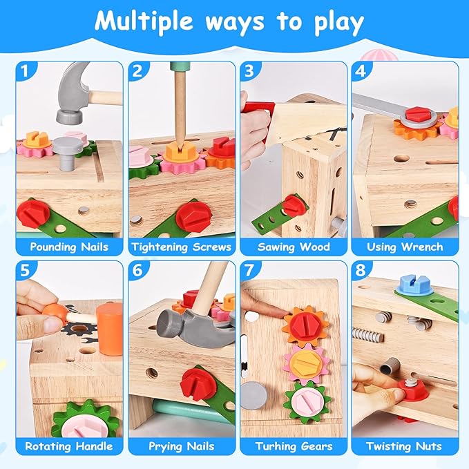 Wooden Tool Set for Kids, 38 PCS Pretend Play Construction Toys with Tool Box, Screws, Nuts, Montessori Learning Toy for Toddlers Ages 3 4 5 6 Years Old Boys Girls