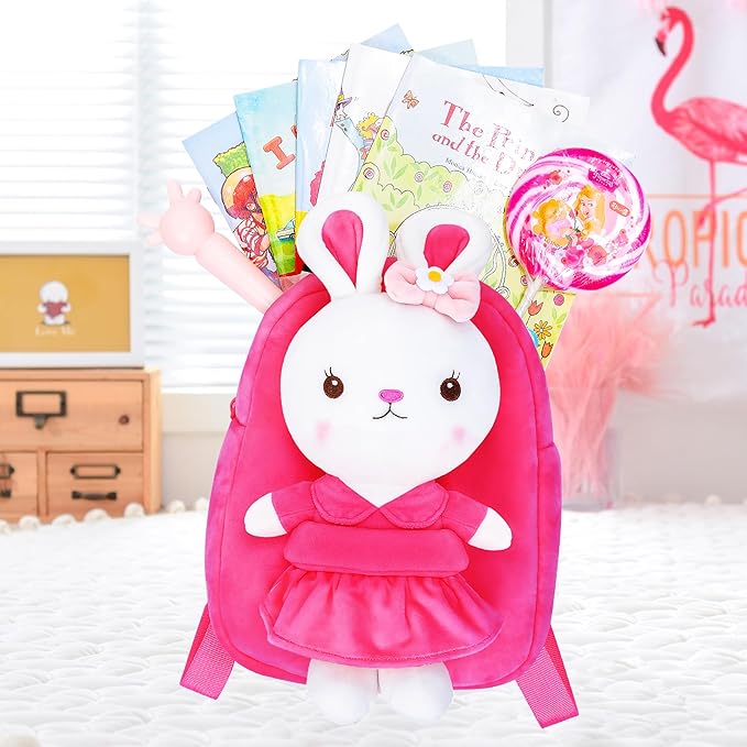 Gloveleya Kids Backpack Girl Backpack Toddler Girl Backpacks with Stuffed Bunny Toy Rose Red 9''