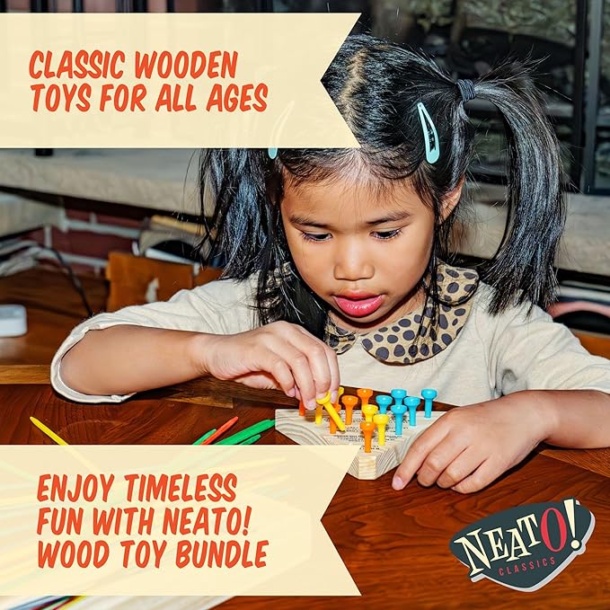 Neato Wood Toys Bundle – Includes Classic Wooden Peg Game, Jacob's Ladder Puzzle, Pick-Up Sticks, and Bounce-Back Paddle Ball – Fun Retro Games for Kids & Adults – Perfect for Travel & Family Play