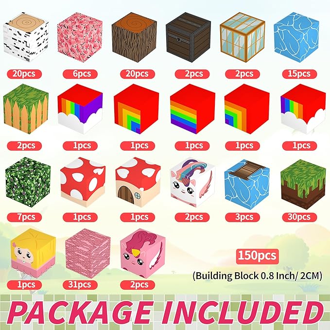 150PCS Magnetic Building Blocks for Kids - Unicorn Princess Pixel Magnetic Blocks 0.8in, Grassland Mine World Magnet Cubes Toys, STEM Sensory Toys for 3 4 9 10 Year Old Girl Christmas Birthday Gifts