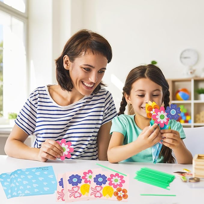BeYumi Flower Bouquet Craft Kit - 72Pcs Mother's Day Flower Bouquet Craft in Two Colors for Kids Make Your Own Bunch of Flowers Teacher Appreciation Week DIY Gift School Classroom Home Fun Activities