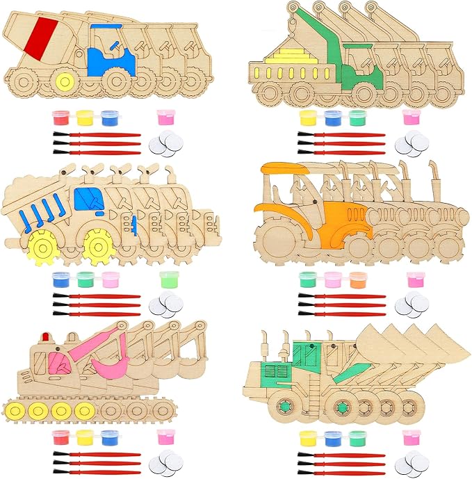 LARDUX Construction Party Favors, 24PCS DIY Wooden Arts & Crafts Painting Kit for Kids , Glow in The Dark Party Favors Family Crafts Birthday Party Christmas Gifts Toys for Boys Girls