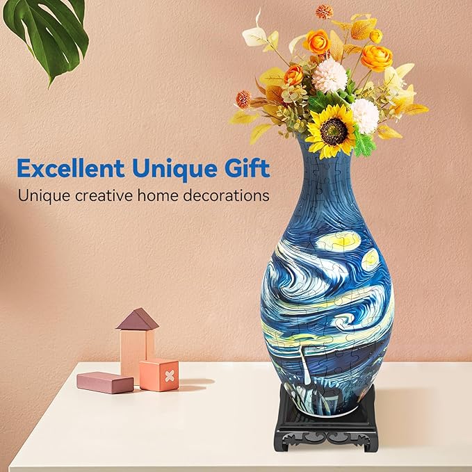 3D Puzzles Vase for Adults, Crafts for Adults, 160 Pieces Plastic DIY Unique Flower Vase with LED Light House Warming Gift Birthday Gifts for Flower Arrangements and Home Decor (Blue)