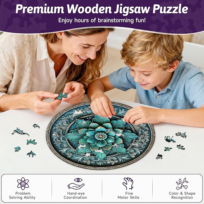 Round Floral Wooden Puzzle - Exquisite Teal Floral Mandala Vintage Style Art Wood Jigsaw for Adults, 454pcs Unique Wood Animal Shaped Puzzle, Family Game Home Decor