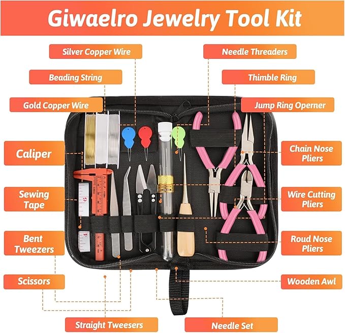 Giwaelro Jewelry Making Kit for Adults, Pink: Jewelry Making Supplies with Tools, Wires, Findings, Chains, Magnifier and Storage Bag