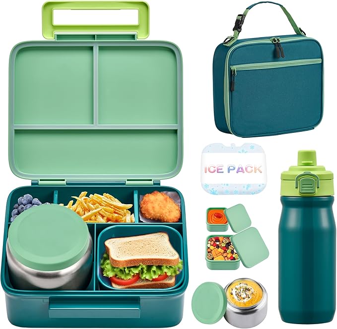 MAISON HUIS Kids Bento Box Set - Includes 8oz Soup Thermo, Insulated Lunch Bag & 17oz Stainless Steel Water Bottle, 5-Compartment Bento Box with Built-In Ice Pack, Leak-Proof & BPA-Free(Green)