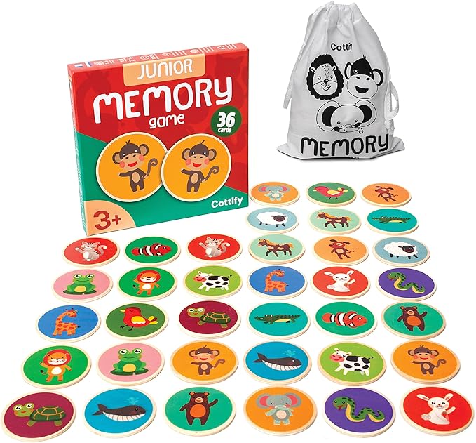 Montessori-Inspired Wooden Matching Game for Toddlers 2-4 Years - Durable, Scratch-Resistant 36 Card Set, Includes Carry Bag - Memory Game for Toddlers 2-4 Years - Cognitive Verbal Skills Development
