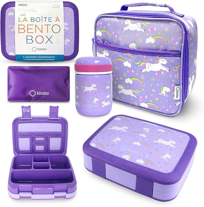Bento Box with Stainless Steel Thermo, Insulated Lunch Bag, Ice Pack Set for Kids - 5 Compartments, Lunches or Snack Container for Girls, Toddlers Daycare Pre-School, Kindergarten Purple Unicorn