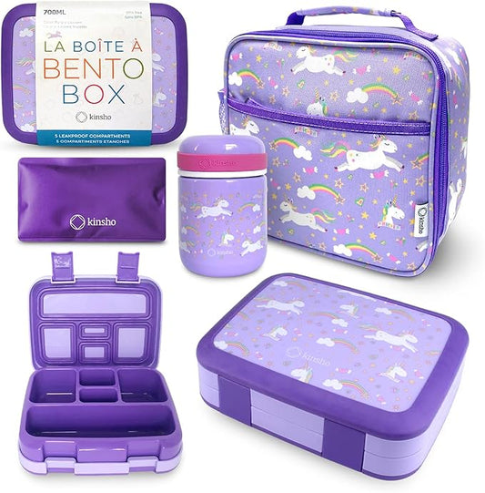 Bento Box with Stainless Steel Thermo, Insulated Lunch Bag, Ice Pack Set for Kids - 5 Compartments, Lunches or Snack Container for Girls, Toddlers Daycare Pre-School, Kindergarten Purple Unicorn