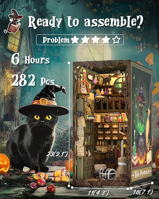 Cutefun Book Nook Kit, DIY Miniature Dollhouse Booknook for Adults, 3D Wooden Puzzle Bookend Bookshelf Insert Decor with LED Light, Gift for Craft Lovers (Magic Pharmacist)