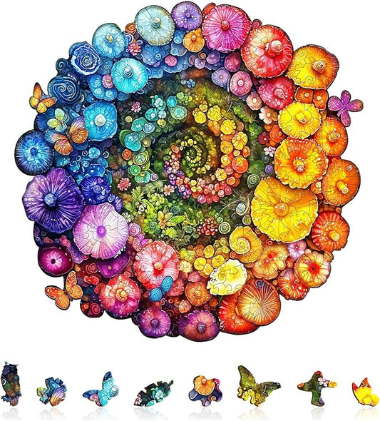 Wooden Puzzle for Adults-Wooden Puzzle Unique Shape Advanced Rainbow Vortex Mushrooms Wooden Jigsaw Puzzle for Adult, Wood Puzzles,Challenge Wooden Jigsaw Puzzle(M-11.4 * 11.1in 190pcs)
