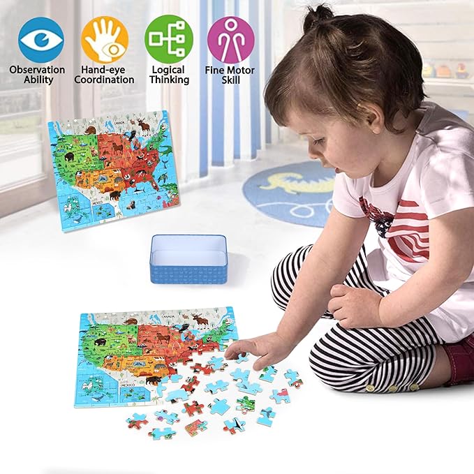 LELEMON Puzzles for Kids Ages 4-6,Animal Map 100 Piece Puzzles for Kids Ages 4-8 in a Metal Box, Educational Jigsaw Puzzles 100 Piece Puzzle Games Puzzle Toys for Girls and Boys