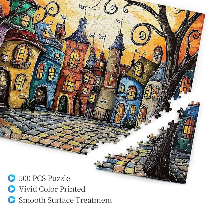 Fairytale House Colorful Houses Puzzles for Adults 500 Pieces, Fairy Tale Town，Charm Town，Whimsical Jigsaw Puzzle,Magic Puzzle Art，Challenging for Night Game