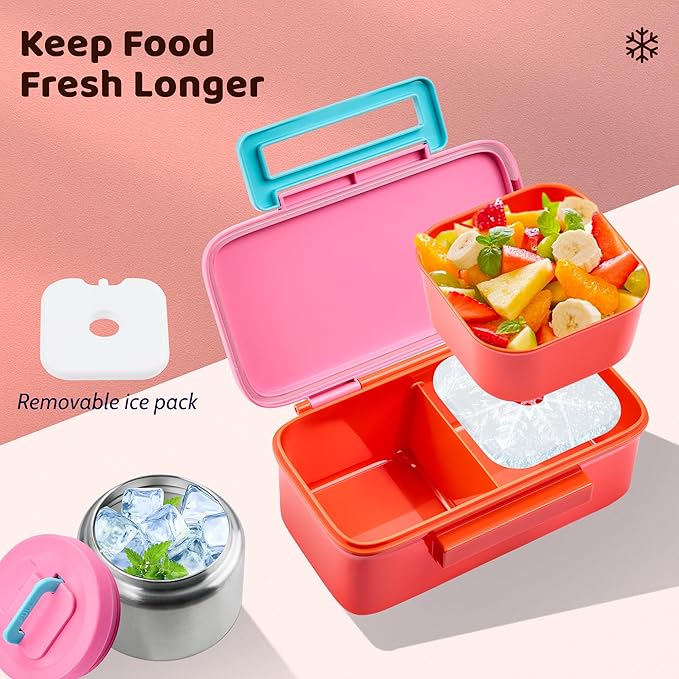 Lunch Box for Kids With 8oz Soup Thermo, Leak-proof Lunch Container with 2 Compartments, Thermo Food Jar Food Containers for Back to School Girls Boys (Pink)