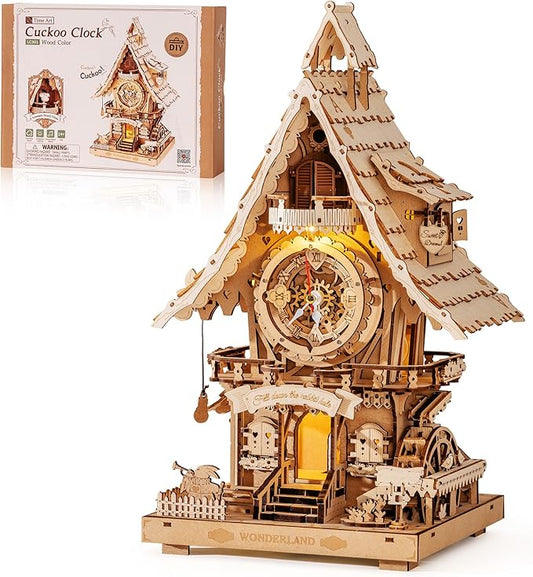 ROBOTIME 3D Wooden Puzzles for Adults-Cuckoo Clock Wooden Models for Adults to Build-435 Piece Model Kit with 2 Lights-Gift for Craft Enthusiast Model Building Set (Natural)