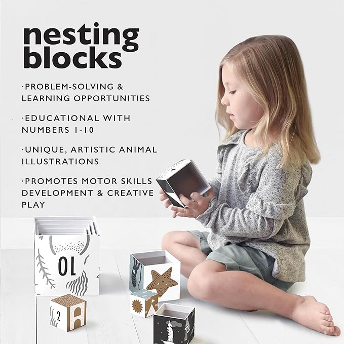 Wee Gallery Nesting Blocks, Stacking Toys for Toddlers and Kids, Educational Blocks with Numbers and Animal Illustrations for Motor Skills, Counting and Early Learning (Ages 2 & Up), Ocean Animals