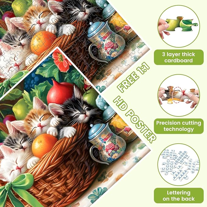300 Piece Jigsaw Puzzle for Adults, Fruit Basket Cat Jigsaw Puzzle, Funny Animal Jigsaw Puzzles, Animal Pet Lover Challenging Puzzles for Friends Family Activity Game Nights Gifts
