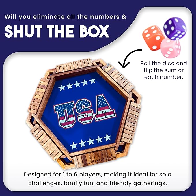 Sam & Evie Shut The Box Wooden Game for 1–6 Players – 1 to 6 Player Versions with 16 Dice – Classic Close The Box Tabletop Game for Adults, Kids, Family Entertainment, Classroom or Party Use