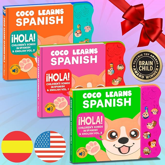 Musical Spanish Books for Kids 1-3, Spanish English Toys for Babies & Toddlers 1-3, Baby & Toddler Spanish Books, Bilingual Learning Toys 1 Year Old, Libros Infantiles en Español