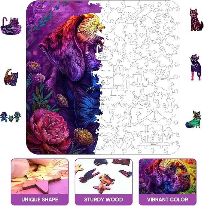 Wooden Puzzles Colored Dog 200 Pieces, Aim Puzzles for Adults, Unique Shape Animal Adult Puzzles, Irregular Wood Best Gift for Adults Family Game (11.3x11.3 in)
