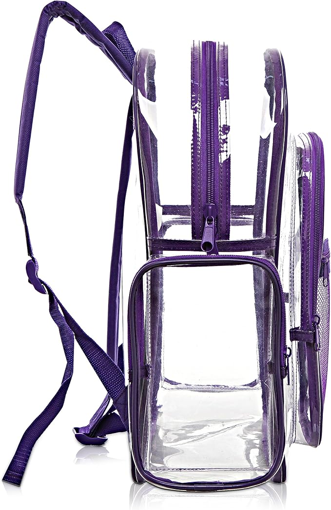 20-Pack Bulk Case Clear Backpack with Purple Trim Stitching, Wholesale 17.5-Inch Heavy Duty PVC Transparent Student Backpack for School Work Stadium Security Travel Sporting Events