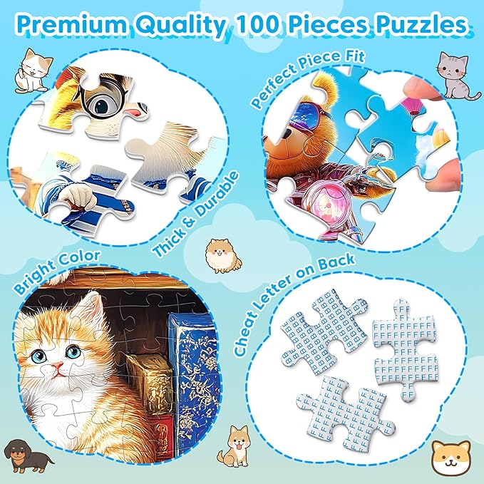 4 x 100 Piece Puzzles for Kids Ages 6-8 8-10 Year Old - Bear Cats & Dogs Large Piece Jigsaw Puzzles for Toddlers 5-8 100 Piece Puzzle for Adults Kids Learning Puzzle Toys Gifts for Girls Boys