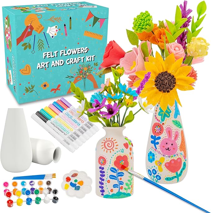 FTBox Crafts Kit for Girls Ages 6-12, Felt Flowers Bouquet and Paint Vase Art Craft Project for Girls, DIY Activity Christmas Birthday Gift for Kids Age 6 7 8 9 10 11 12 Year Old (Ceramic Vases)