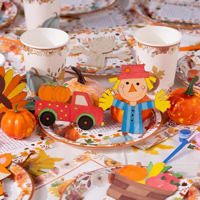 Fall Thanksgiving Crafts for Kids - 24 PCS DIY Wood Magnet Painting Kit with Cards - Thanksgiving Classroom Activities, Autumn Holiday Decorations, Fall Goodie Bag Favors for Boys & Girls