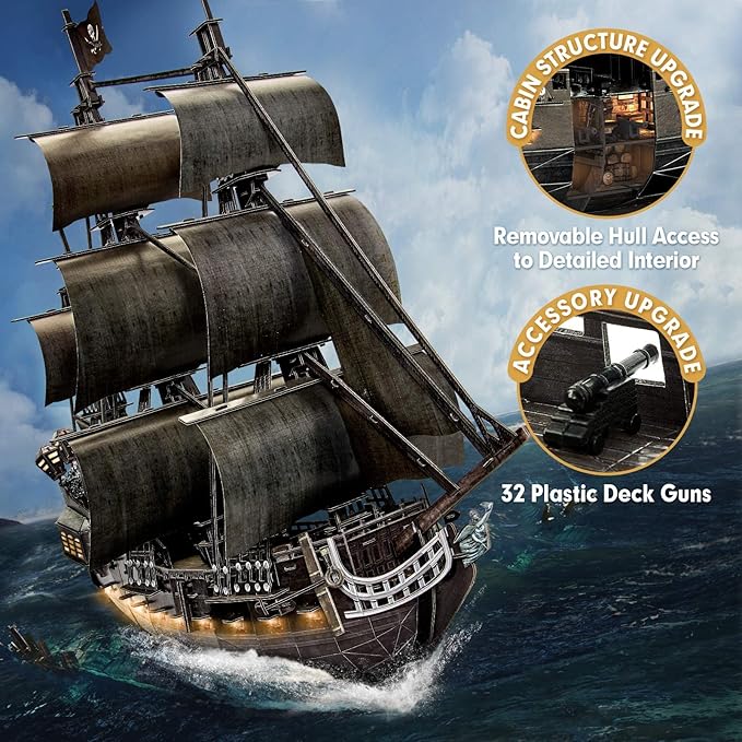 3D Puzzle for Adults Moveable LED Pirate Ship with Detailed Interior Decoration, Large Queen Anne's Revenge Desk Puzzles, Difficult 3D Puzzles with Lights Gifts for Men Women