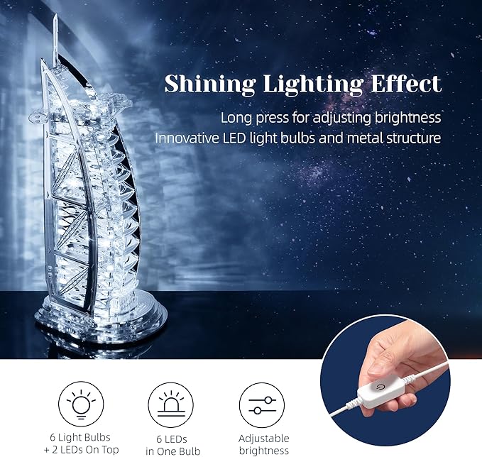 LED 3D Puzzle for Adults – 3D Wood Puzzle Architecture Building Model Kit – Super LED Dubai Landmark at Night – 3D Puzzles Home Décor Gift,Silver