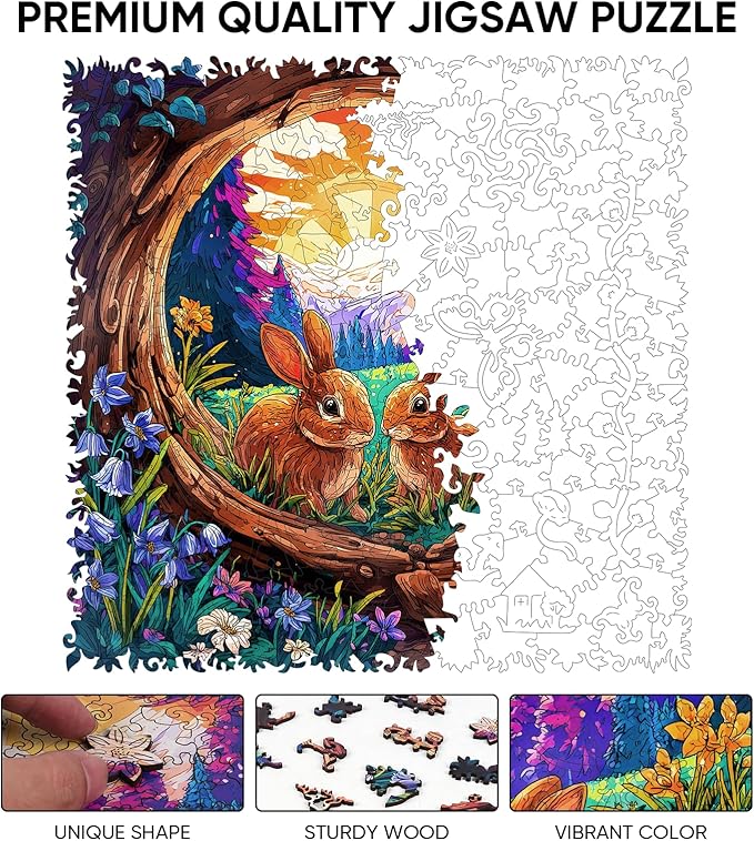 Wooden Puzzles for Adults 500 Pieces, Rabbit Sunrise Jigsaw Puzzles, Unique Design Adult Puzzles for Family Brain Game Gift,15.9x15.7 inch