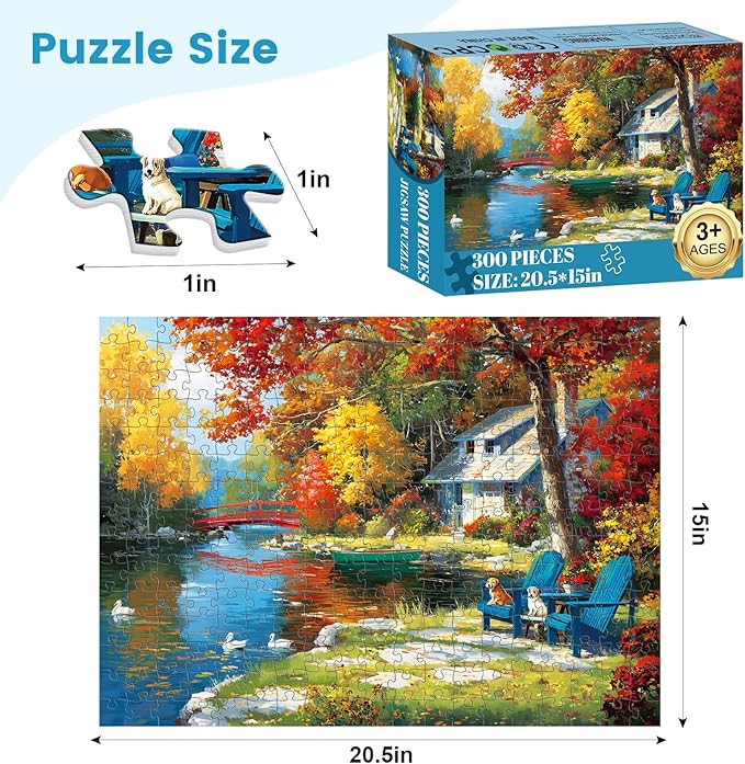300 Piece Puzzle for Adults, Autumn Lakeside Cabin Jigsaw Puzzle with Dogs and Colorful Trees, Fall Season Cozy Retreat 300 Piece Puzzle, Relaxing Home Decor Gift for Adults, Kids, Seniors, 20.5×15 in