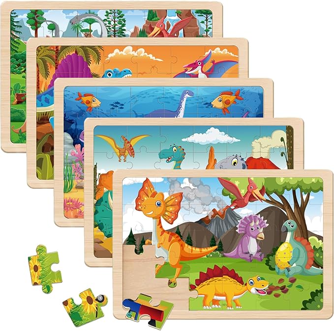 Wooden Puzzles Dinosaur Toys for Kids Ages 3-5, Set of 5 Packs with 30-Piece,Preschool Educational Brain Teaser Toys for Boys and Girls 3-8 Years Old