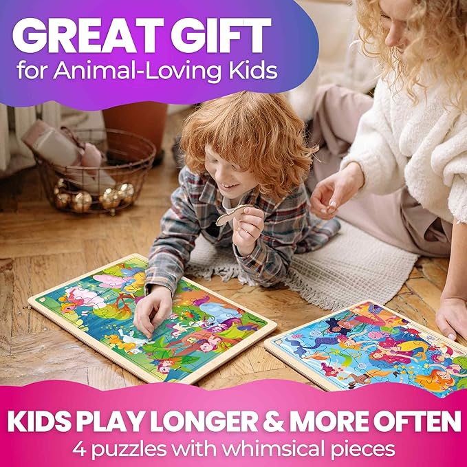 QUOKKA 4SET Puzzles for Kids Ages 4-6 - 24 Pcs Wooden Toddler Puzzles Ages 3-5 - Mermaids, Princesses, Unicorns Learning Games for Boys and Girls 4-8 Year Olds