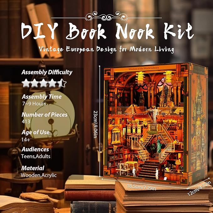 Book Nook Kit for Adults - DIY World Library Booknook, 3D Wooden Dollhouse Puzzle with LED Lights, Miniature Bookshelf Decor for Home Libraries