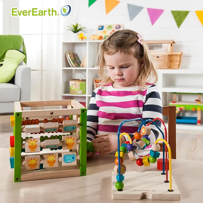 Wooden Activity Cube with Bead Maze, 5 in 1 Activity Center, Educational Learning Montessori Toys for Toddlers for Kids 1+, FSC Certified