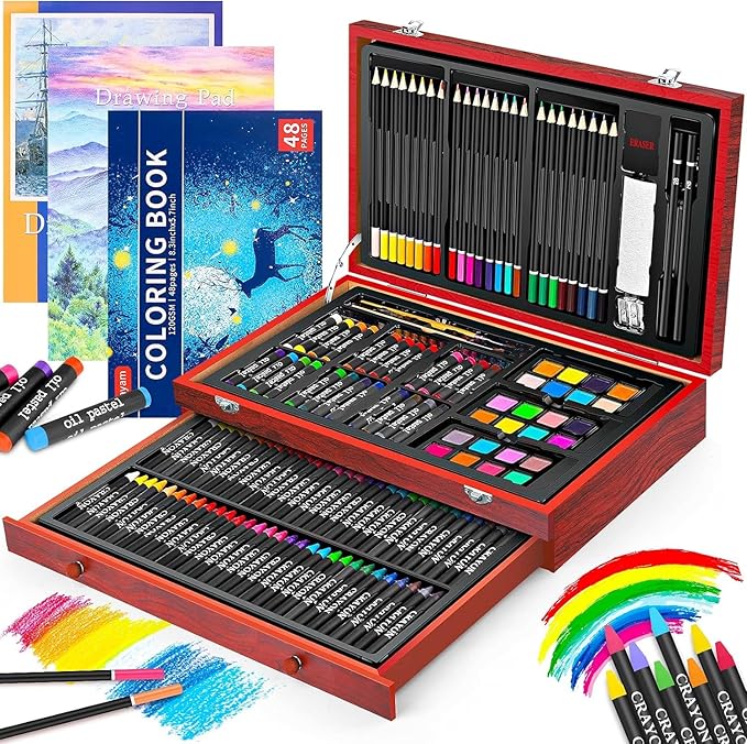 Art Supplies, 150-Pack Deluxe Wooden Art Set Crafts Drawing Painting Kit with 2 -Sketch Pads, 1-Coloring Book, Gift Box for Kids Adults Artist Beginners Teens Girls Boys 5 6 7 8 9 10 11 12
