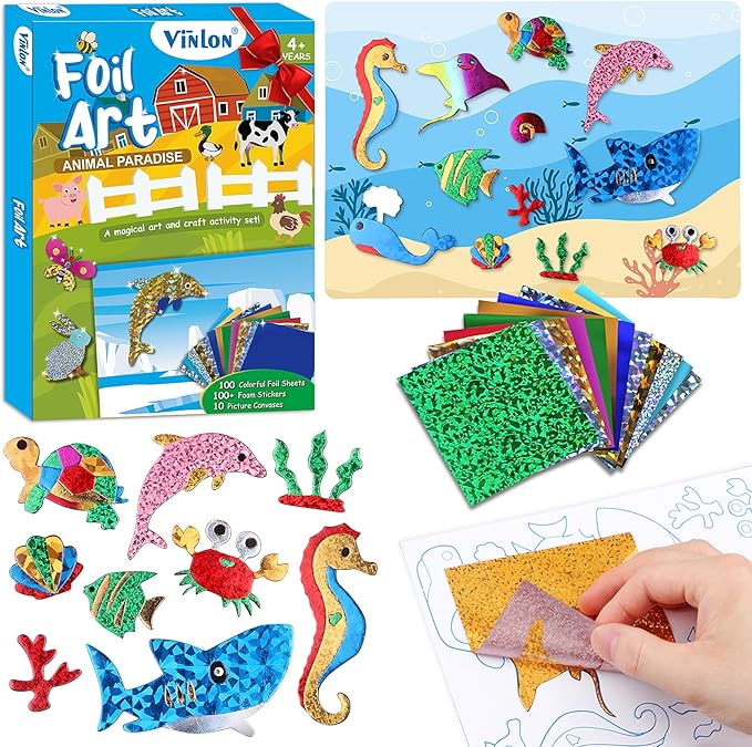 Vinlon Foil Fun Art Kit for Kids -DIY Craft Supplies Ocean Farm Animals Themes, Great Road Trip Travel Activities, Halloween Thanks Giving Christmas Gift for Boys Girls Ages 4-8 and Up