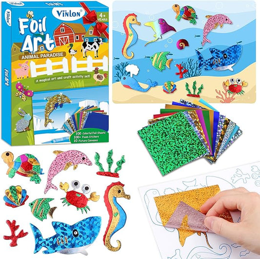 Vinlon Foil Fun Art Kit for Kids -DIY Craft Supplies Ocean Farm Animals Themes, Great Road Trip Travel Activities, Halloween Thanks Giving Christmas Gift for Boys Girls Ages 4-8 and Up