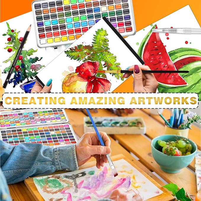 Gunsamg Watercolor Paint Set, 160 Vibrant Colors in Portable Travel Box with Palette, Perfect Watercolor Kit for Artists, Beginners, Adults - Non-Toxic Art Supplies Gift