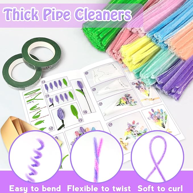 Pipe Cleaners Craft Kit 8 Assorted Colors Pipe Cleaners Bulk Flower Making Kit Chenille Stems DIY Arts and Crafts Supplies for Kids Adults Creative Bouquet Festival Home Decor Toys Gifts, Lily