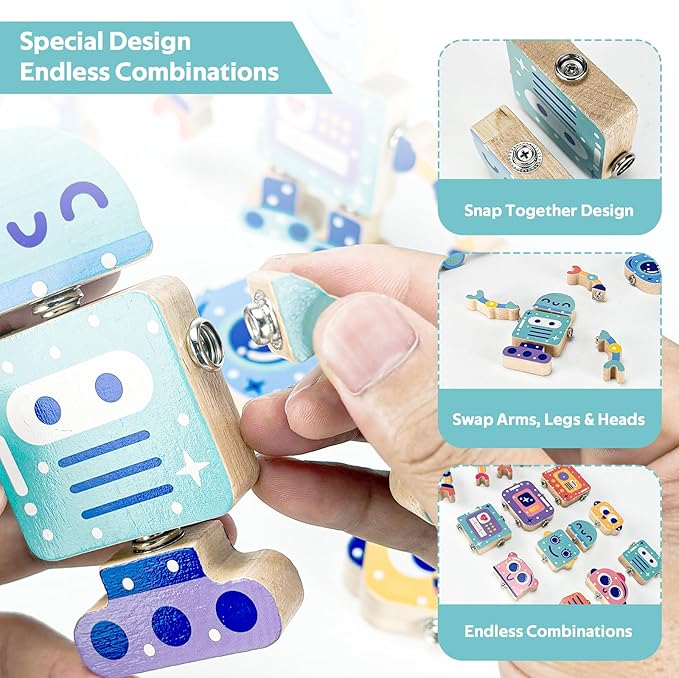 Wooden Robot Building Toys for Kids, Snap-Together STEM Blocks Playset, Take Apart Educational Toy for Toddlers Ages 3-8, Montessori Fine Motor Skills Toy Gift for Boys Girls