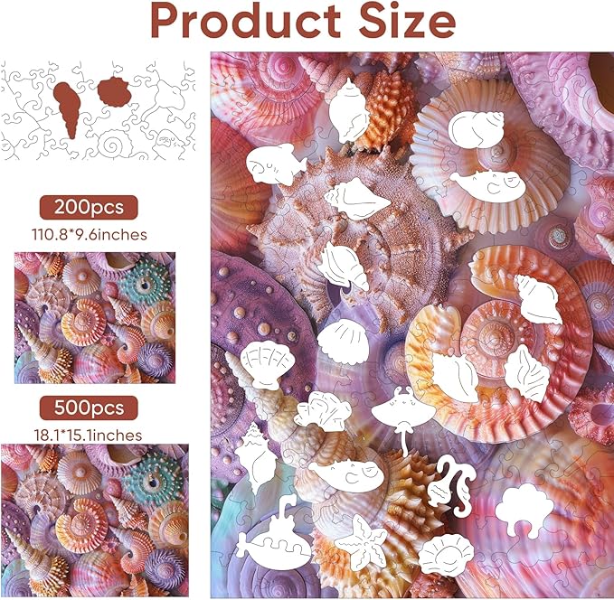delobil Wooden Puzzles for Adults, Sea Shell Wooden 200 Piece Puzzles for Adults,Unique Shaped Jigsaw Puzzles, Fun Challenge Brain Health Family Game Creative Gift for Friends 11.8 x 9.6in